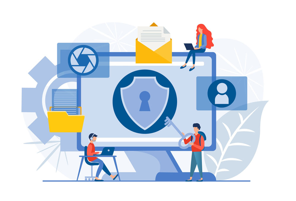 IT company illustration showing secured computer system iconography.