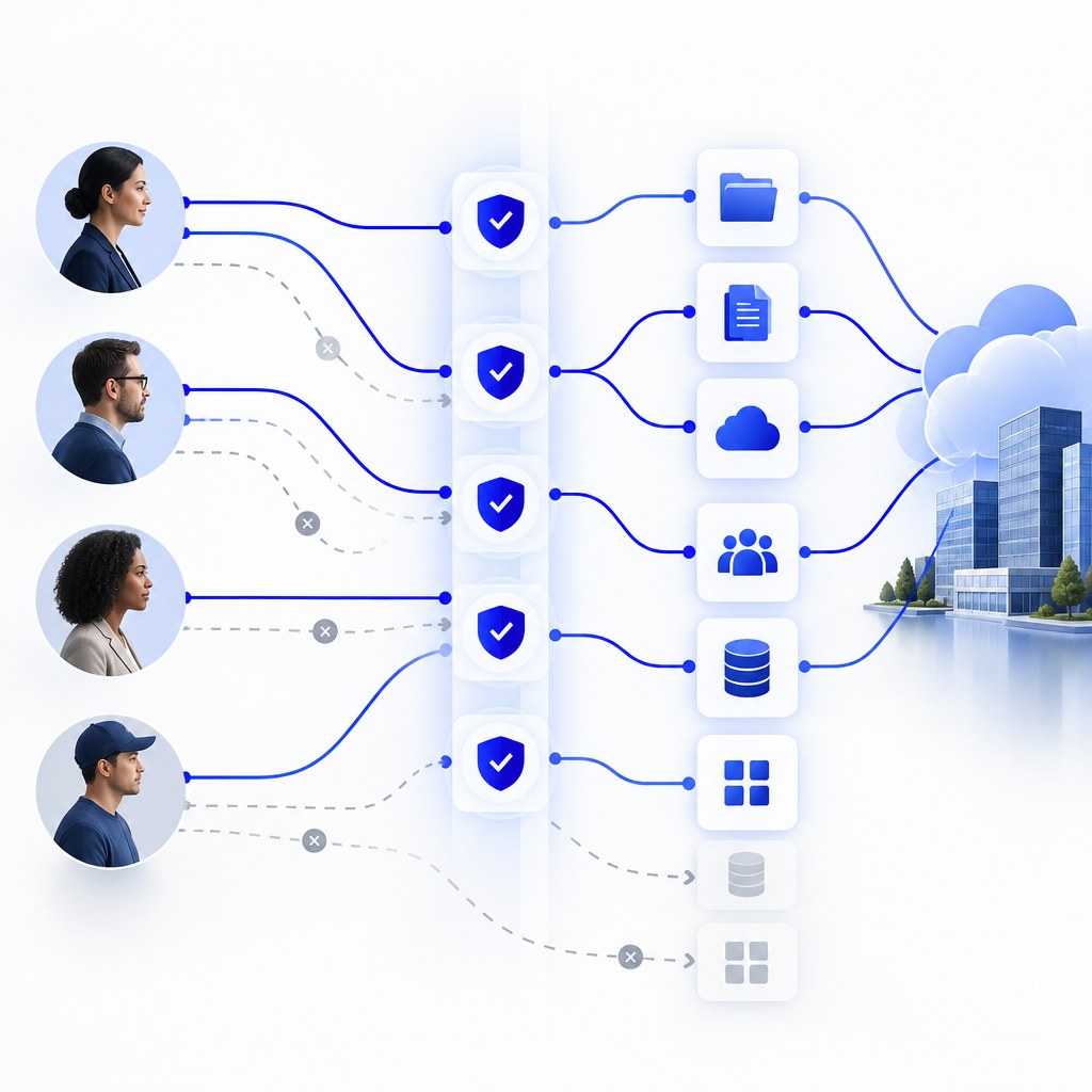 Business access governance illustration showing secure employee and contractor access, approvals, periodic reviews, and removal of outdated permissions